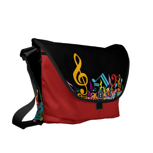 Colourful Jumbled Music Notes on Black Messenger Bag (Front Left)