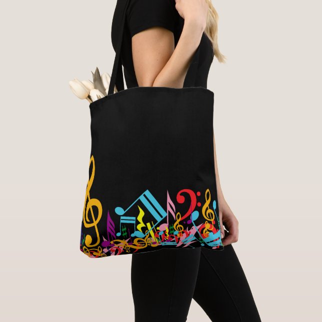 Colourful Jumbled Music Notes on Black Tote Bag (Close Up)