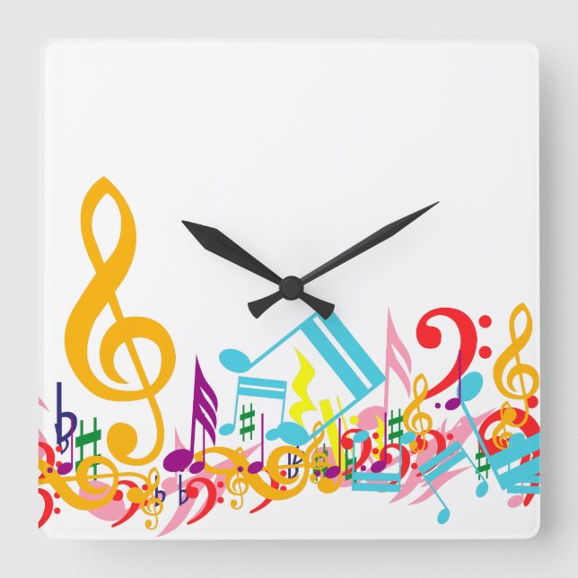 Colourful Jumbled Musical Notes Square Wall Clock (Front)