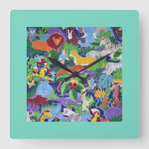 Colourful Jungle Animals Square Wall Clock