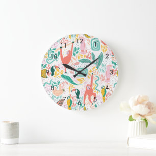 Colourful Jungle Animals Tropical Leaves Large Clock