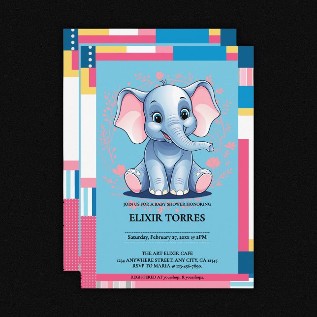 Colourful Jungle Blue Elephant Baby Shower Invitation (Creator Uploaded)