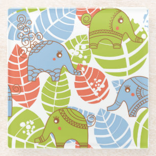 Colourful Jungle Elephants Glass Coaster