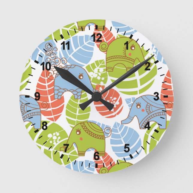 Colourful Jungle Elephants Round Clock (Front)