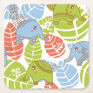 Colourful Jungle Elephants Square Paper Coaster