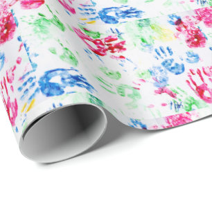 colourful juvenile hand prints wrapping paper