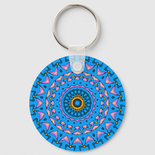 colourful kaleidoscope mandala in blue pink orange key ring