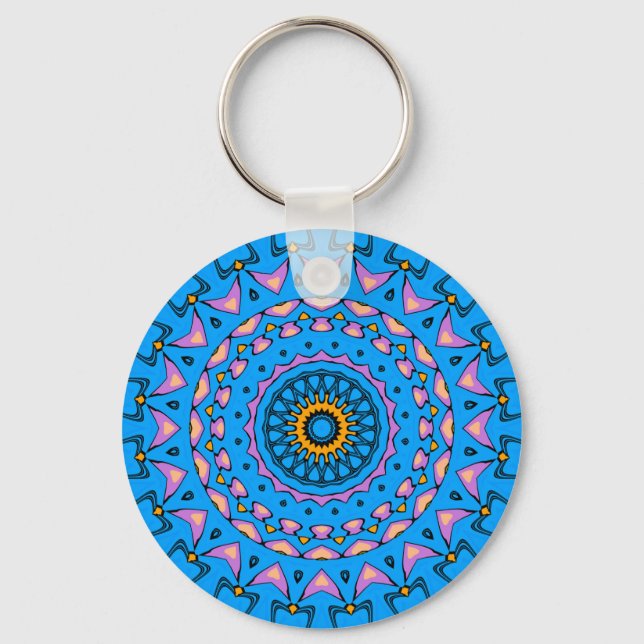 colourful kaleidoscope mandala in blue pink orange key ring (Front)