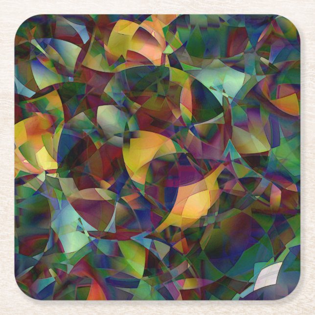 Colourful, Kaleidoscopic Abstract Art Square Paper Coaster (Front)