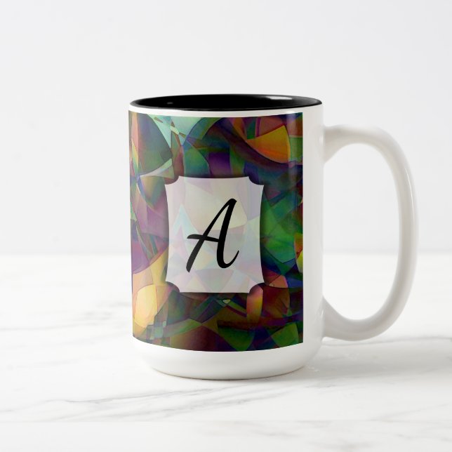 Colourful, Kaleidoscopic Abstract Art w/ Monogram Two-Tone Coffee Mug (Right)