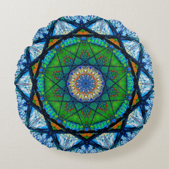 Colourful Kaleidoscopic Mosaic | Abstract Mandala Round Cushion (Front)