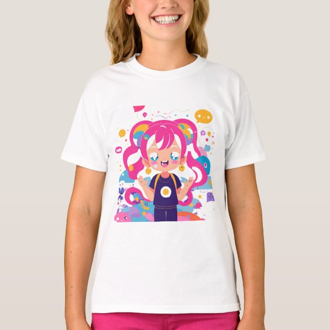 Colourful Kawaii Anime Girl T-Shirt (Front)