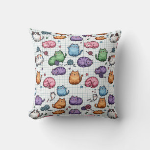 Colourful Kawaii Chubby Cats Pattern on Graph Pape Cushion