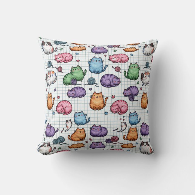 Colourful Kawaii Chubby Cats Pattern on Graph Pape Cushion (Front)