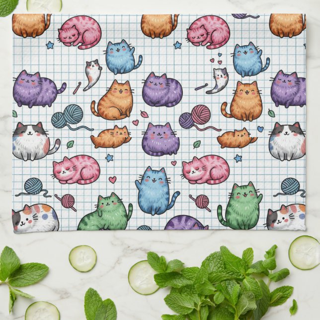 Colourful Kawaii Chubby Cats Pattern on Graph Pape Tea Towel (Folded)