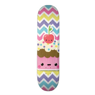 Colourful Kawaii Cupcake on Chevrons Skateboard
