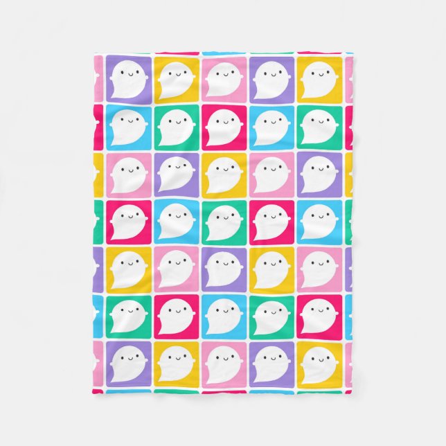 Colourful Kawaii Little Ghosts Fleece Blanket (Front)