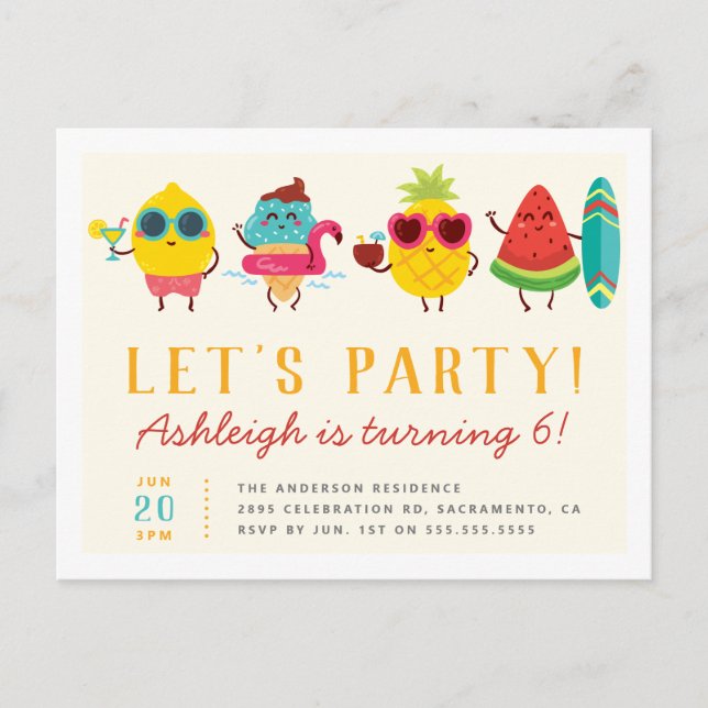 Colourful Kawaii Summer Kids' Birthday Party Invitation Postcard (Front)