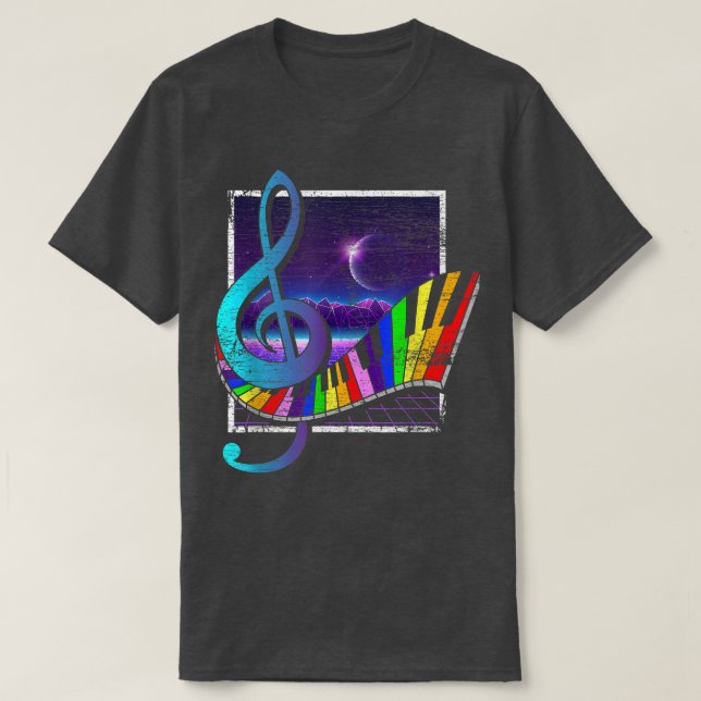 Colourful Keyboards Treble Clef 90s Synthwave Vapo T-Shirt (Design Front)