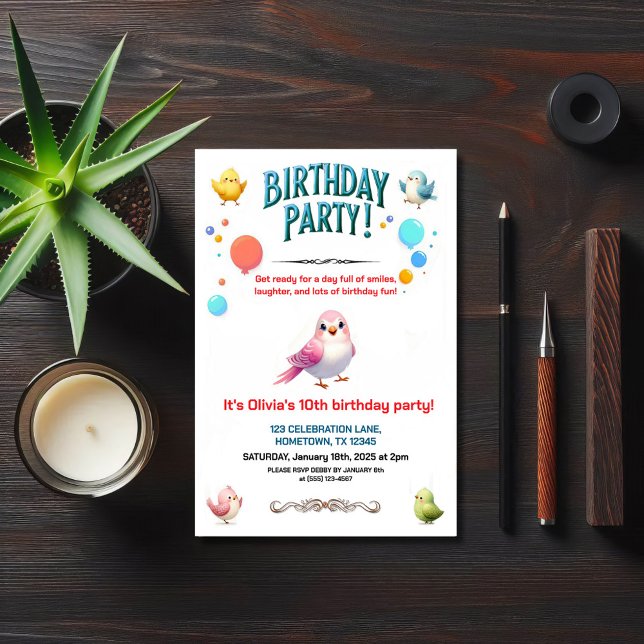 Colourful Kids Feathered Friends Birthday Party Invitation (Creator Uploaded)
