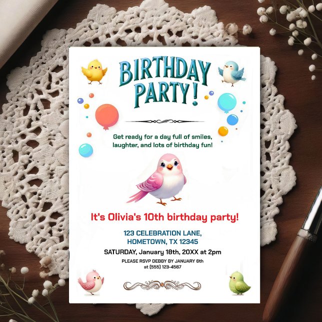 Colourful Kids Feathered Friends Birthday Party Postcard (Creator Uploaded)