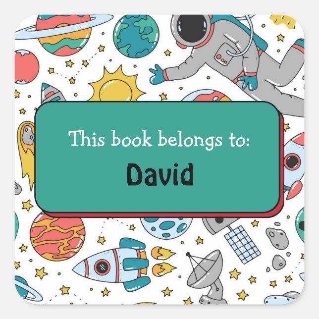 Colourful kids Outer Space Pattern Personalised Square Sticker (Front)