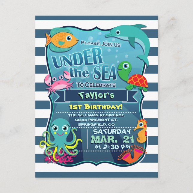 Colourful Kid's Sea Life Birthday Party Invitation (Front)