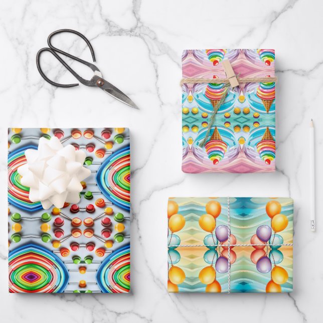 Colourful Kids Wrapping Paper Flat Sheet Set of 3 (Front)