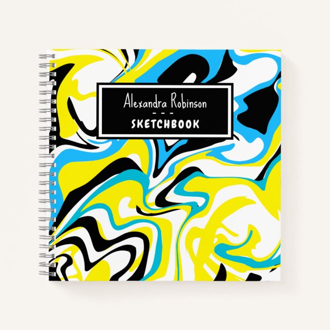 Colourful Kids Yellow Blue Black Marble Pattern Notebook (Front)