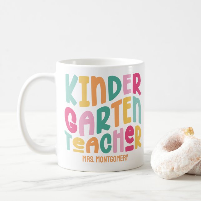 Colourful Kindergarten Teacher Custom Coffee Mug (With Donut)