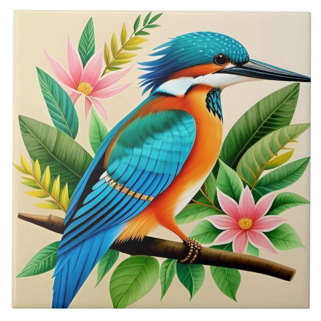 Colourful Kingfisher Bird Perched on Branch Ceramic Tile (Front)