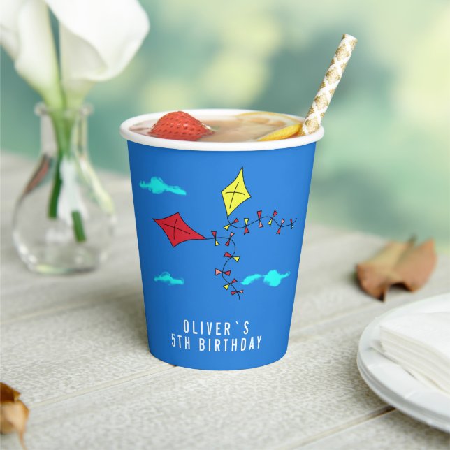 Colourful Kites in Blue Sky Kids Birthday Paper Cups (Insitu)