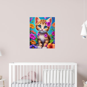 Colourful Kitten and Flowers Child's Wall Poster