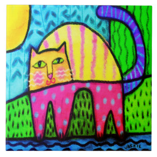 Colourful Kitty Abstract Digital Painting Ceramic Tile