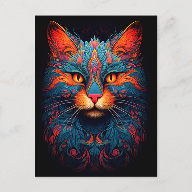 Colourful Kitty Cat Animal Psychedelic Fantasy Art Postcard (Front)