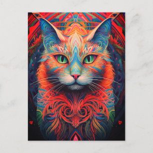 Colourful Kitty Cat Animal Psychedelic Tribal Art Postcard