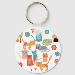 Colourful Kitty Cats Print Gifts for Cat Lovers Key Ring