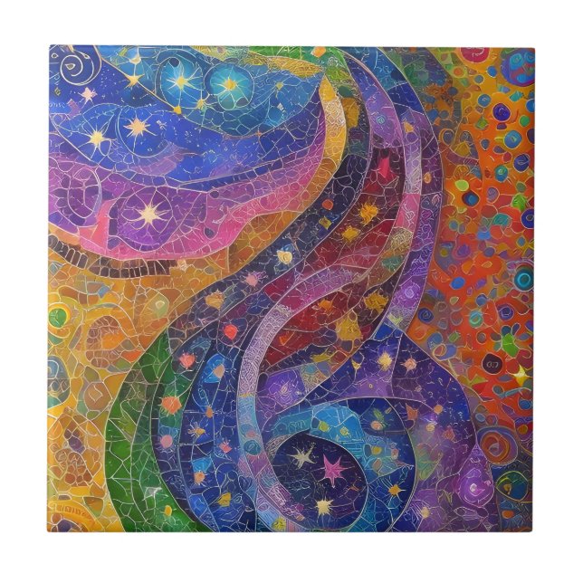 Colourful Klimt Inspired Star Swirls Rainbow Mosai Ceramic Tile (Front)