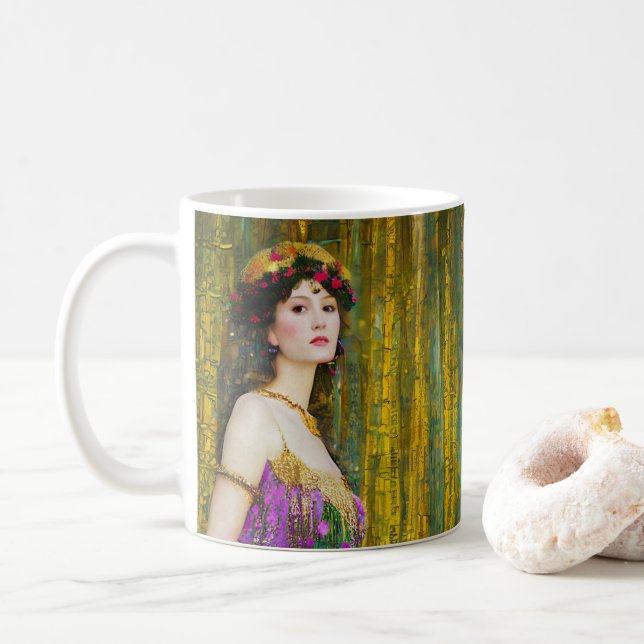 Colourful Klimt Style Collage Portrait of a Woman Coffee Mug (With Donut)