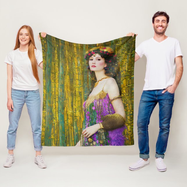 Colourful Klimt Style Collage Portrait of a Woman Fleece Blanket (In Situ)