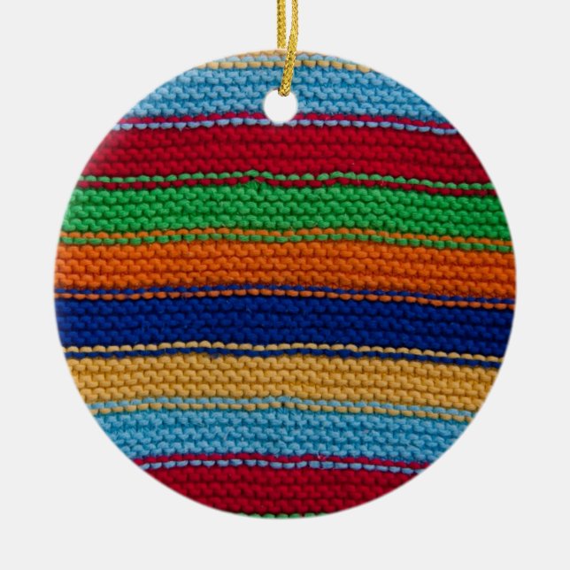 Colourful knitted stripes ceramic tree decoration (Front)