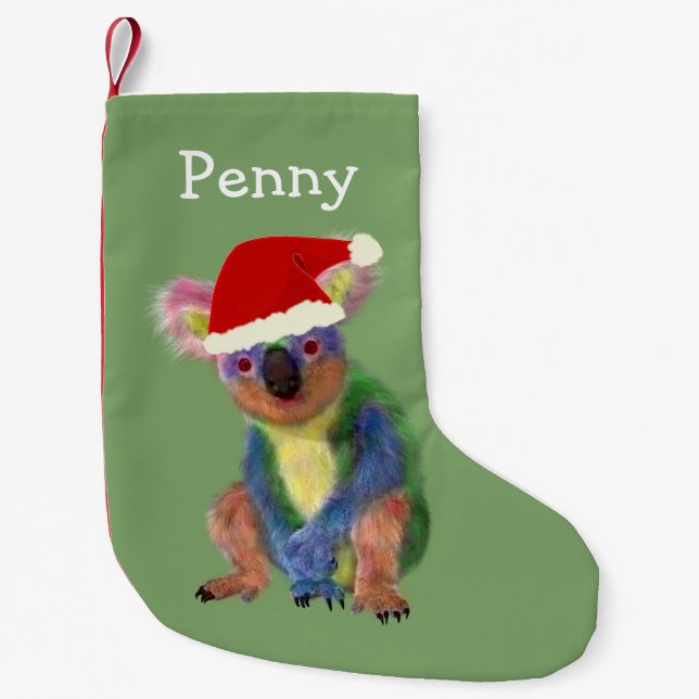 Colourful Koala in Red Santa Hat with Your Name Small Christmas Stocking (Front)