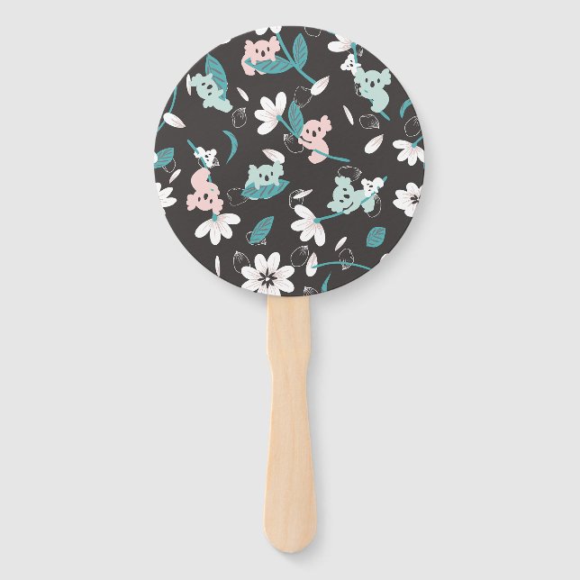 Colourful Koala Pattern Cute Animal and Floral Hand Fan (Front)