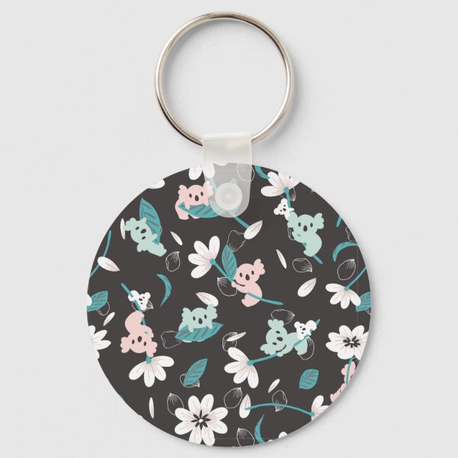 Colourful Koala Pattern Cute Animal and Floral Key Ring (Front)