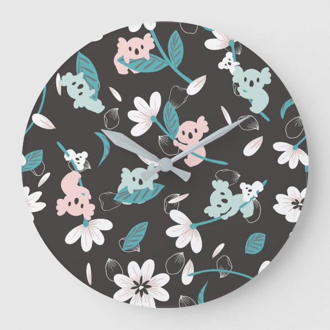 Colourful Koala Pattern Cute Animal and Floral Large Clock (Front)