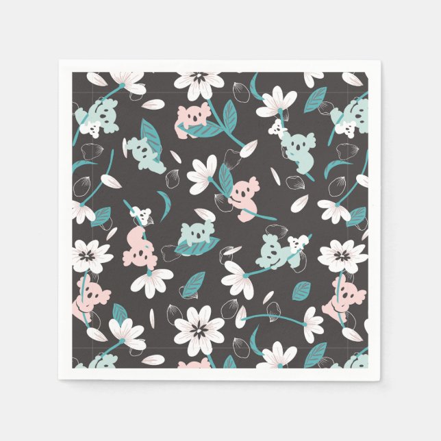 Colourful Koala Pattern Cute Animal and Floral Napkin (Front)