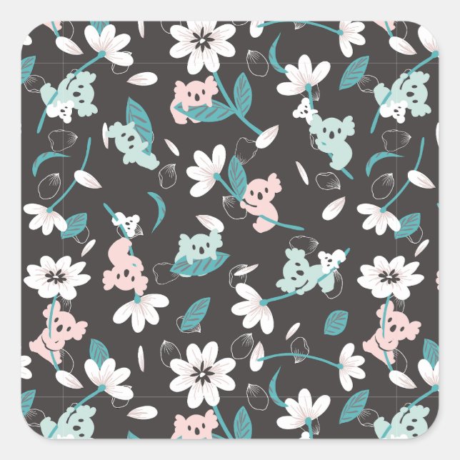 Colourful Koala Pattern Cute Animal and Floral Square Sticker (Front)