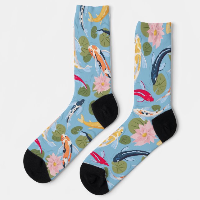 Colourful Koi and water lilies in a blue pond  Socks (Left)
