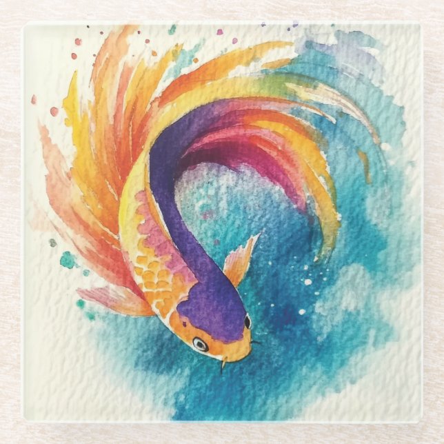 Colourful Koi Fish Glass Coaster (Front)