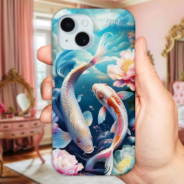 Colourful Koi Fish Japanese Case-Mate iPhone Case (Phone case featuring a colorful painting of Japanese Koi fish. You can add your custom initials)